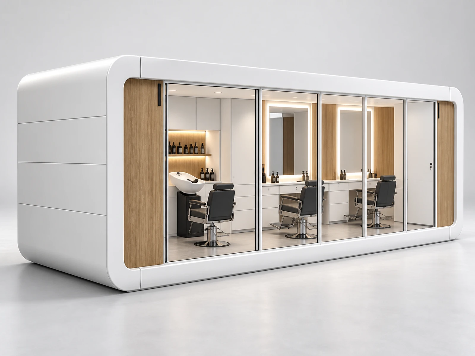 Minimal White Barber Kiosk with Integrated Wash Basin main three-quarter product view
