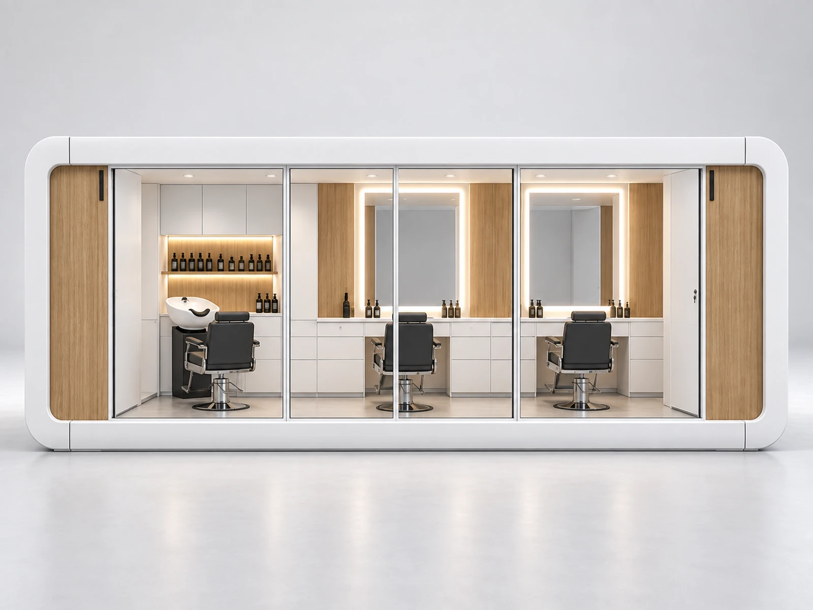 Minimal White Barber Kiosk with Integrated Wash Basin customer-facing service and display detail