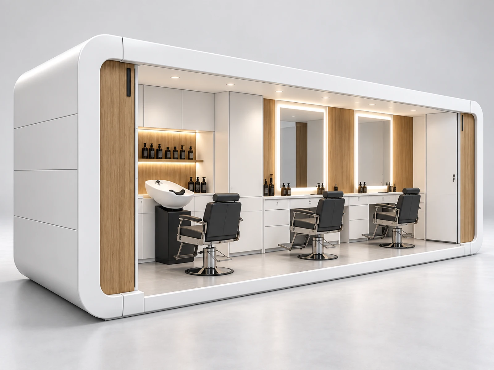 Minimal White Barber Kiosk with Integrated Wash Basin staff-side equipment, utilities, and storage view