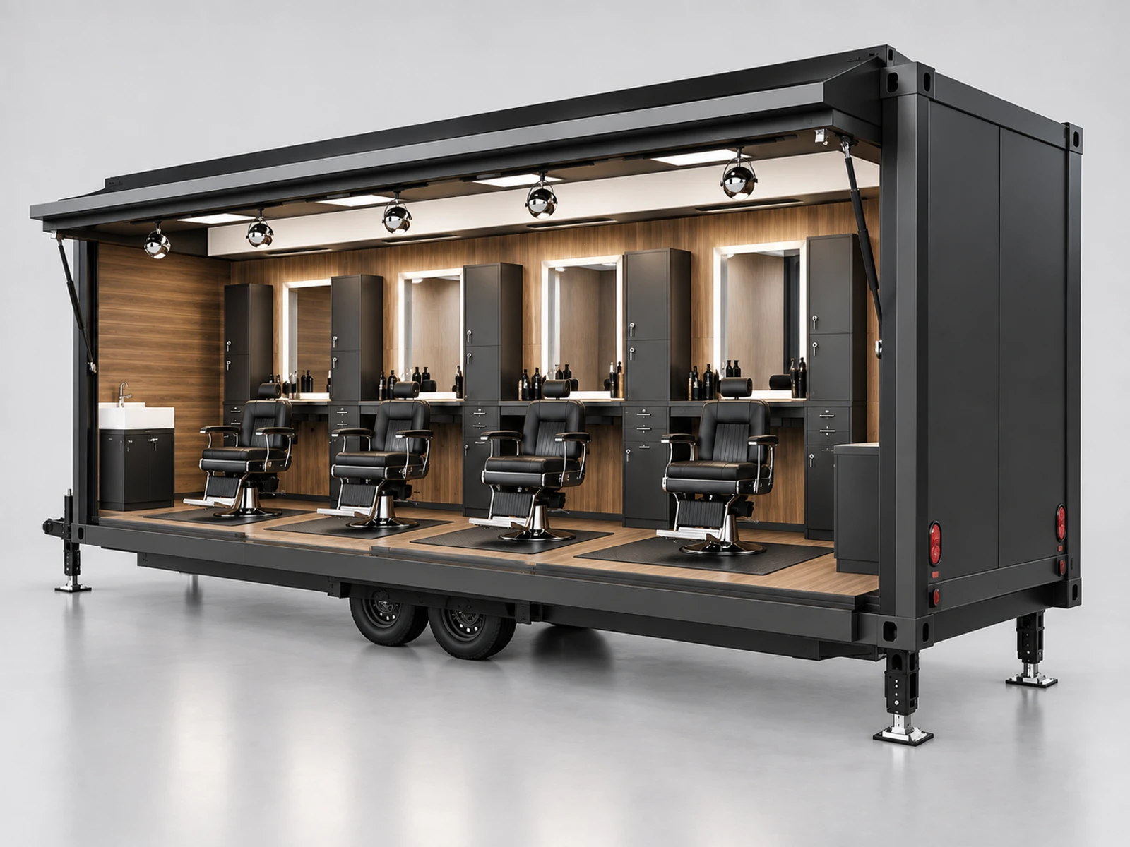 Mobile Barber Pod with Lockable Equipment Cabinets opposite angle showing the complete layout