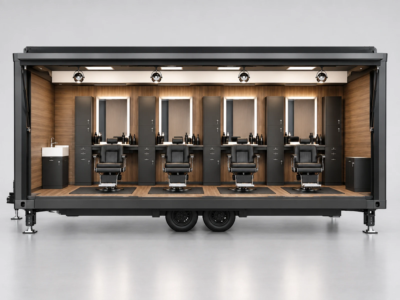 Mobile Barber Pod with Lockable Equipment Cabinets customer-facing service and display detail