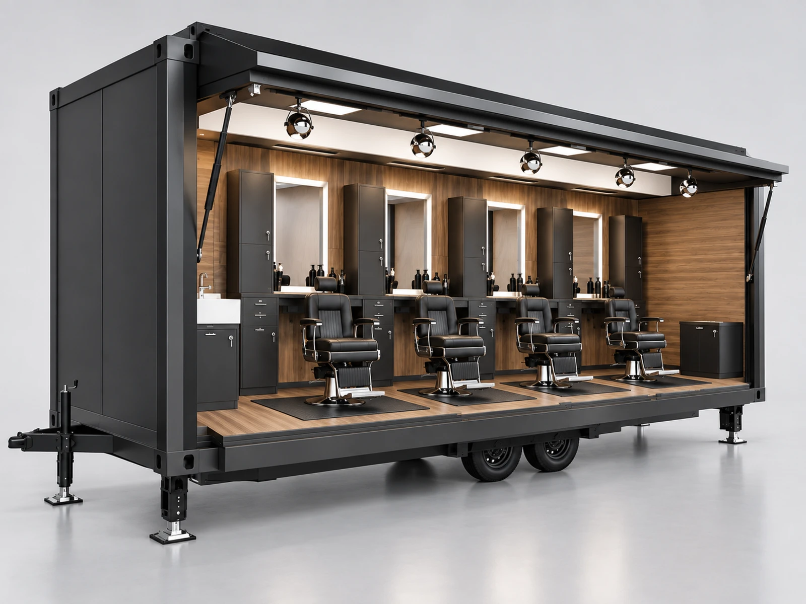 Mobile Barber Pod with Lockable Equipment Cabinets staff-side equipment, utilities, and storage view
