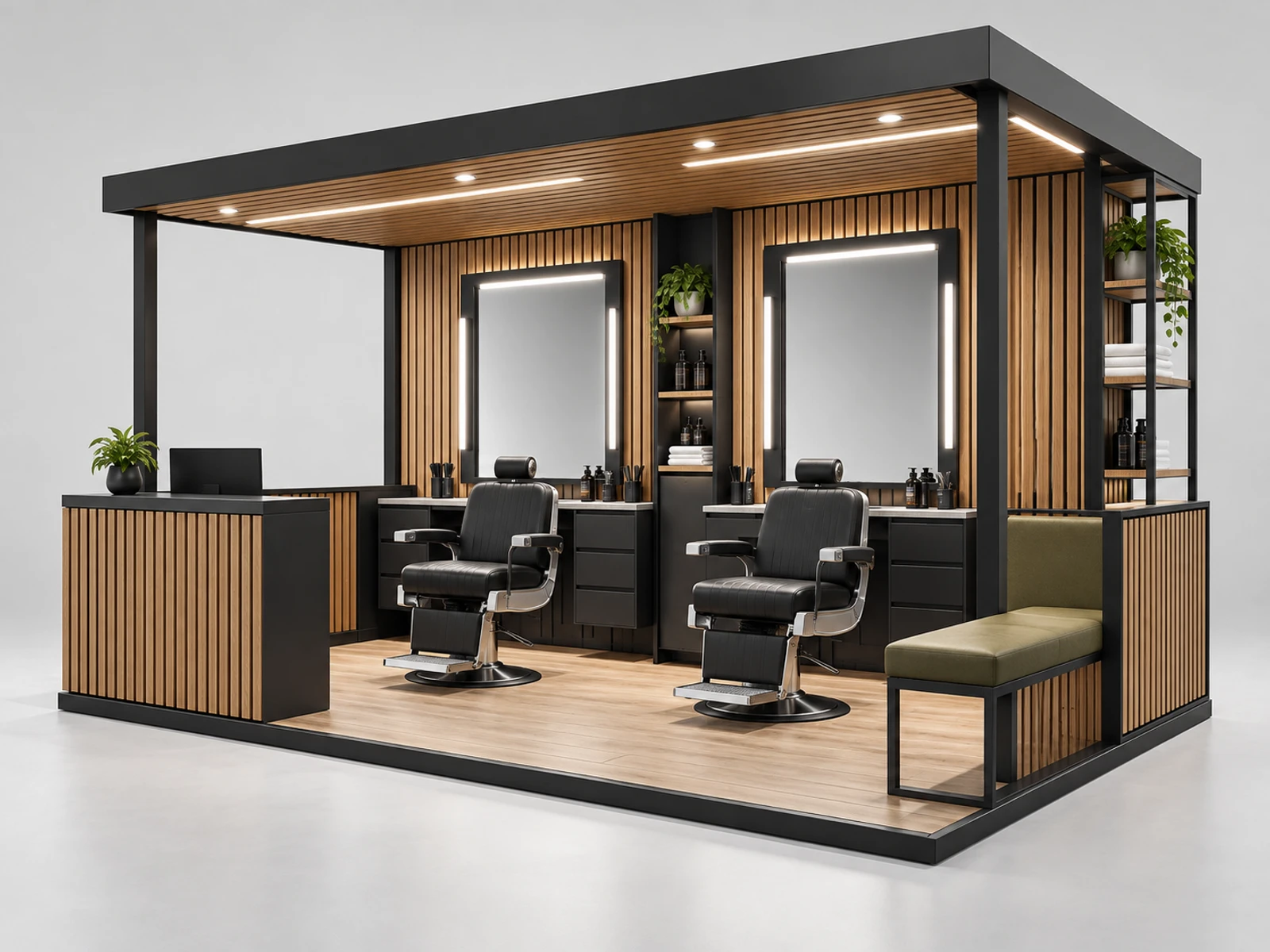 Modern Barber Kiosk with Two Mirror Stations main three-quarter product view