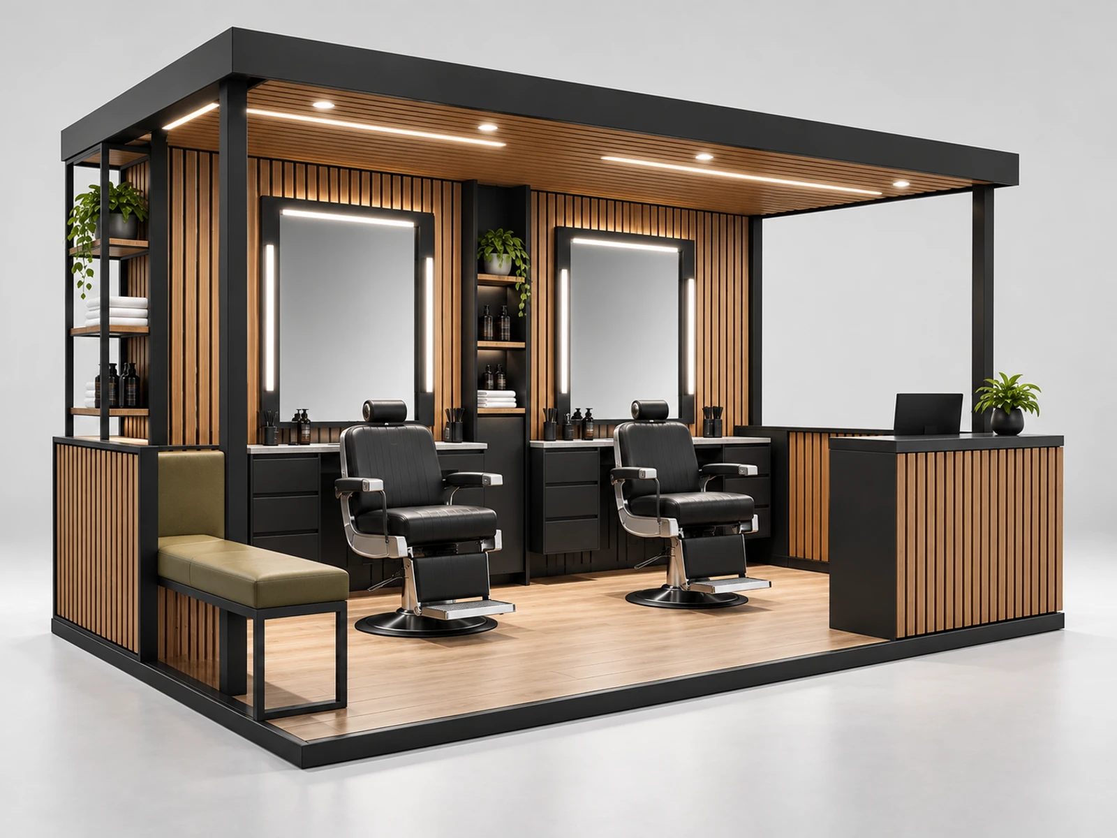 Modern Barber Kiosk with Two Mirror Stations opposite angle showing the complete layout