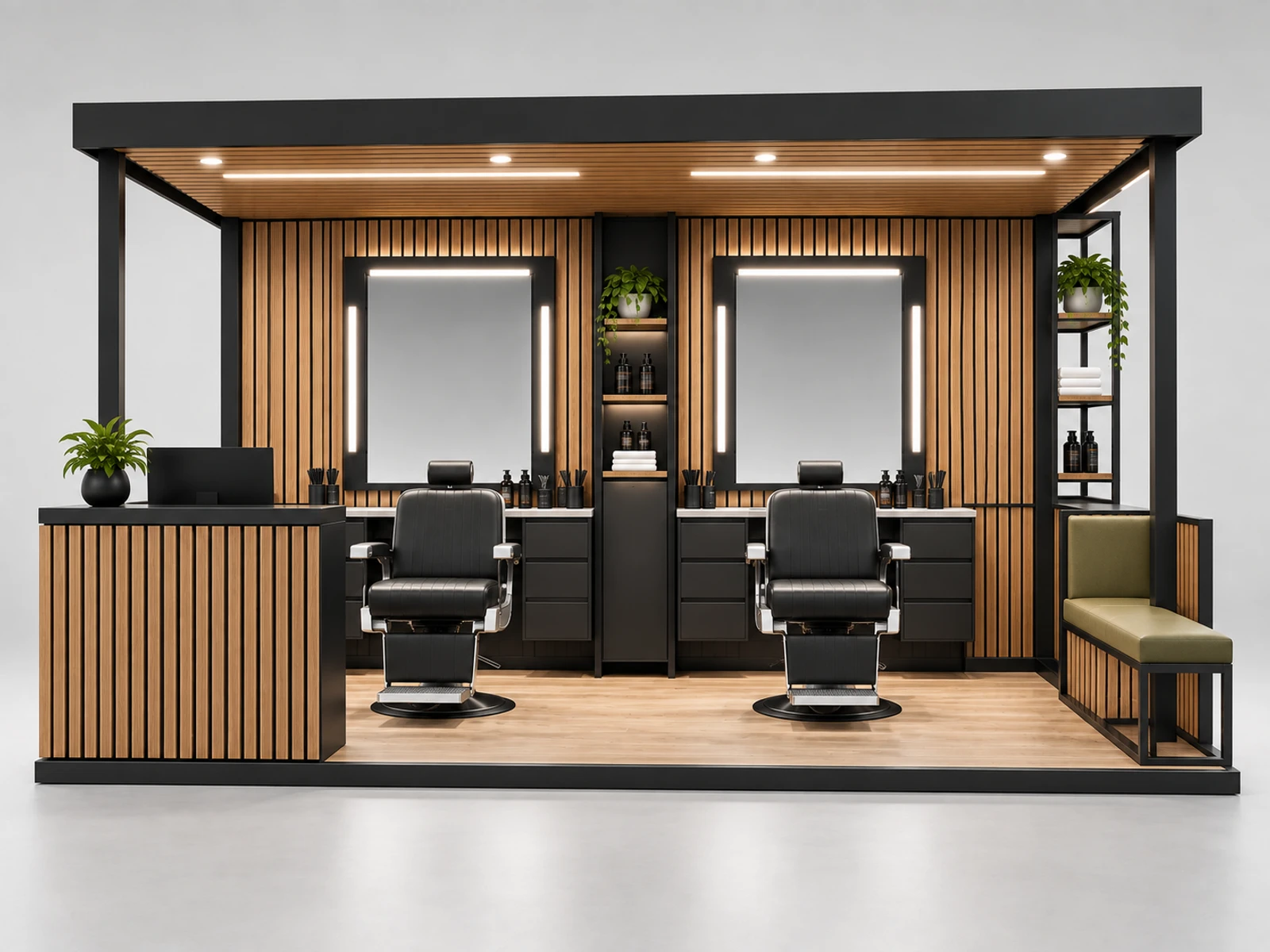 Modern Barber Kiosk with Two Mirror Stations customer-facing service and display detail