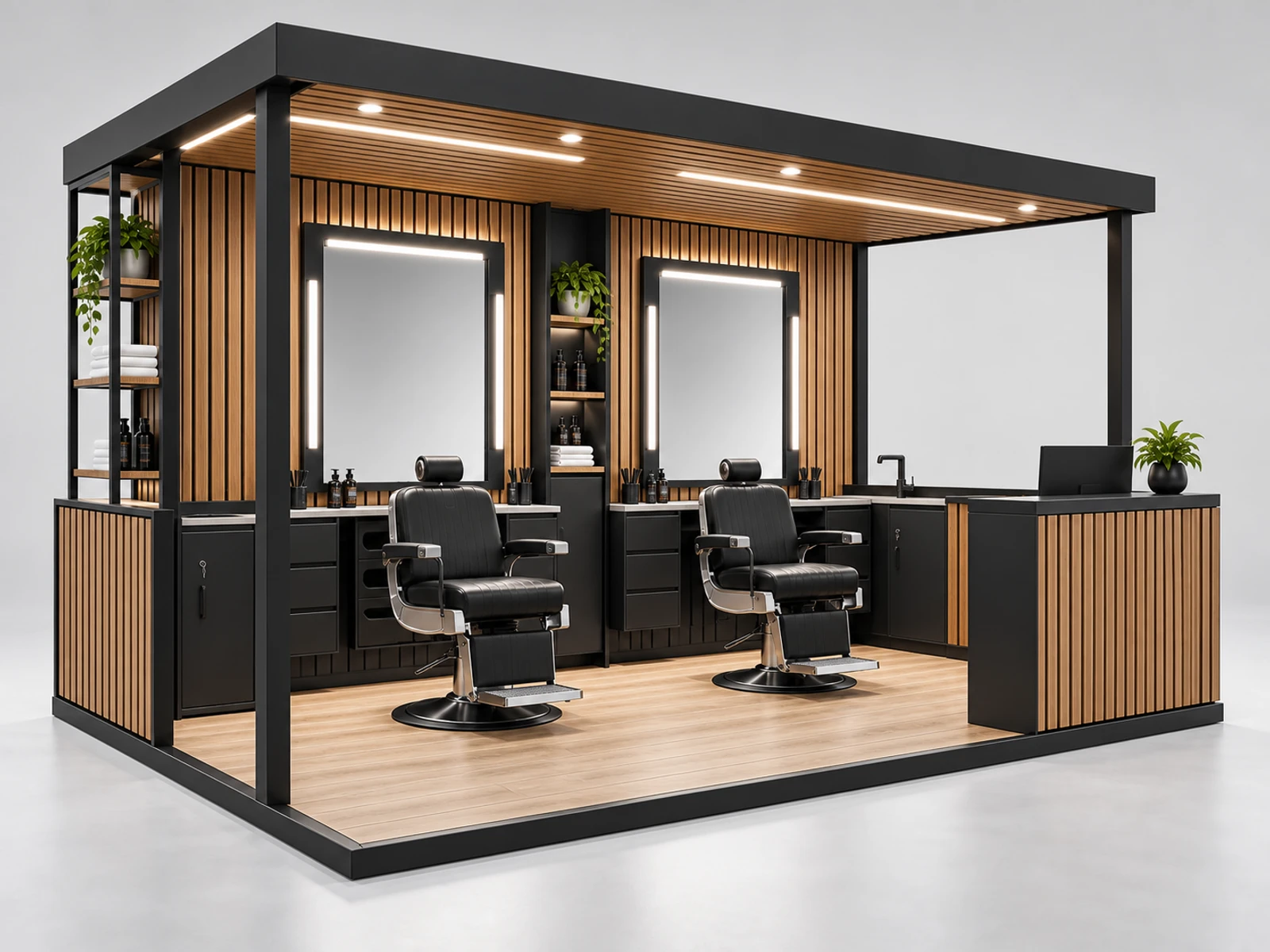 Modern Barber Kiosk with Two Mirror Stations staff-side equipment, utilities, and storage view