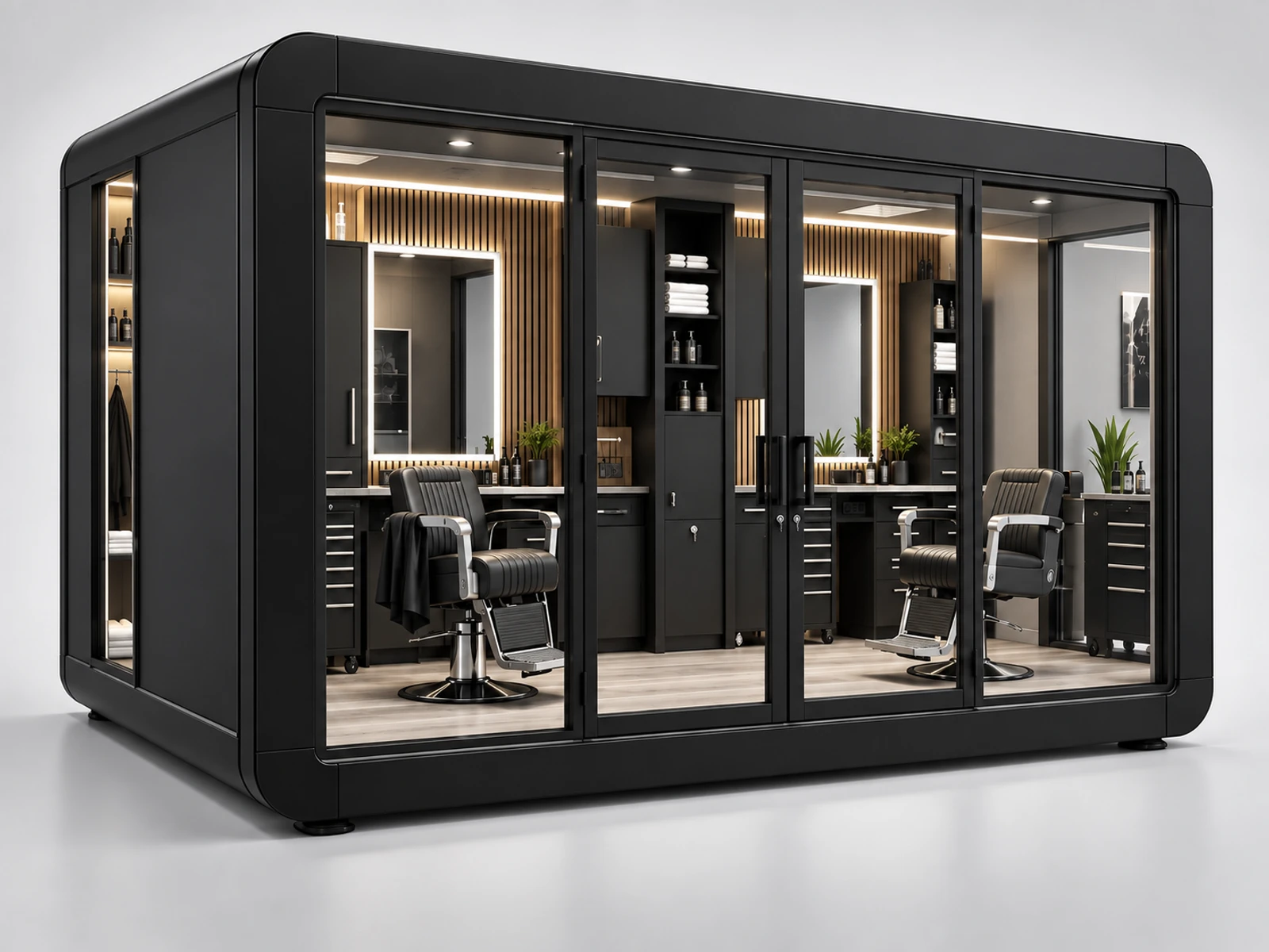 Modular Barber Pod with Expandable Service Bays opposite angle showing the complete layout