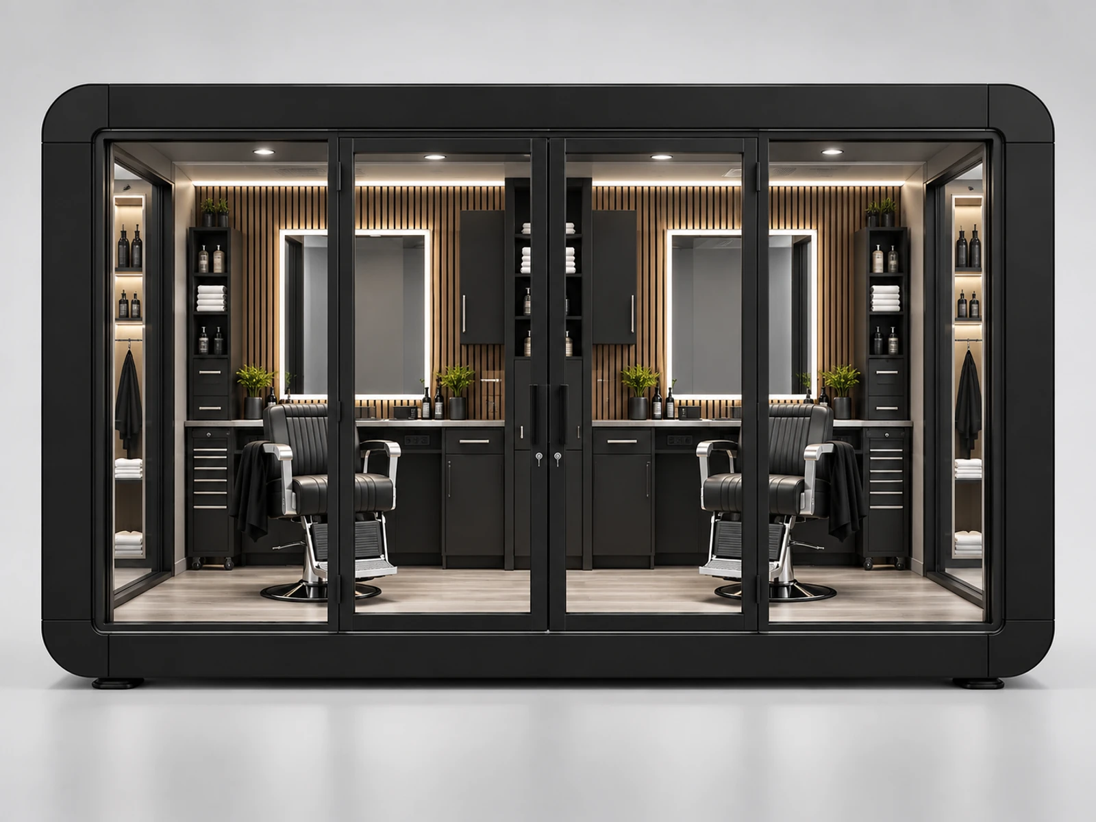 Modular Barber Pod with Expandable Service Bays customer-facing service and display detail