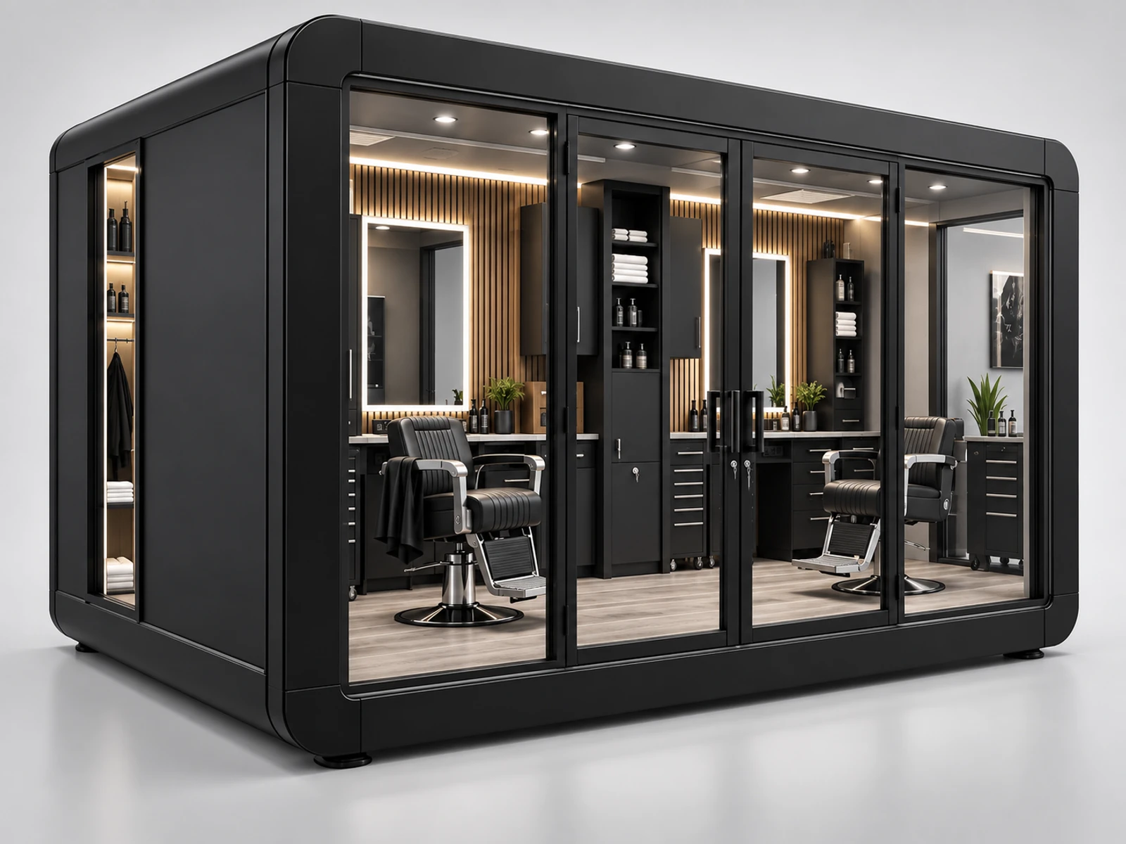 Modular Barber Pod with Expandable Service Bays staff-side equipment, utilities, and storage view