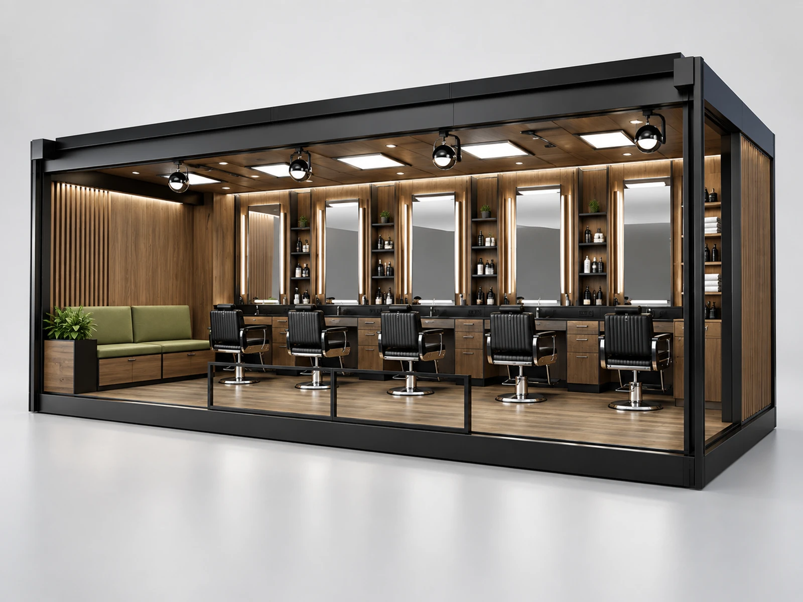 Open Barber Booth with Customer Waiting Bench main three-quarter product view