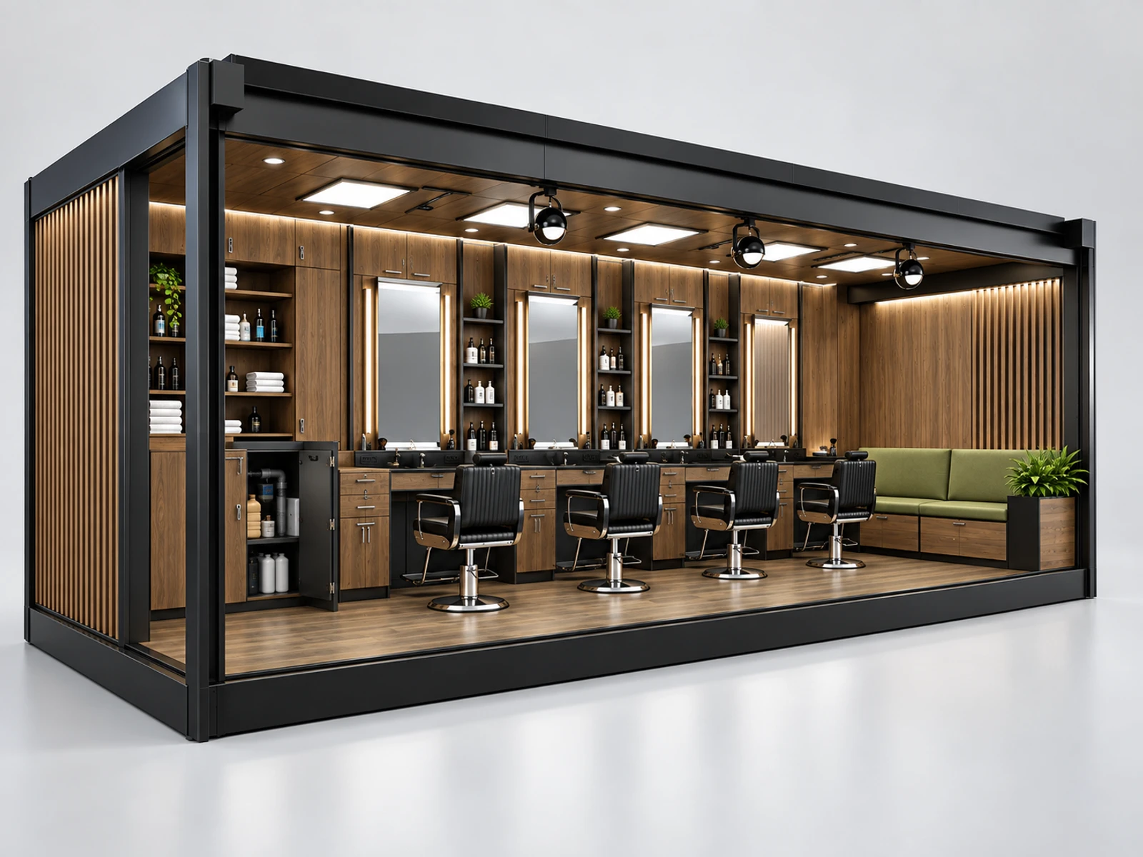 Open Barber Booth with Customer Waiting Bench opposite angle showing the complete layout
