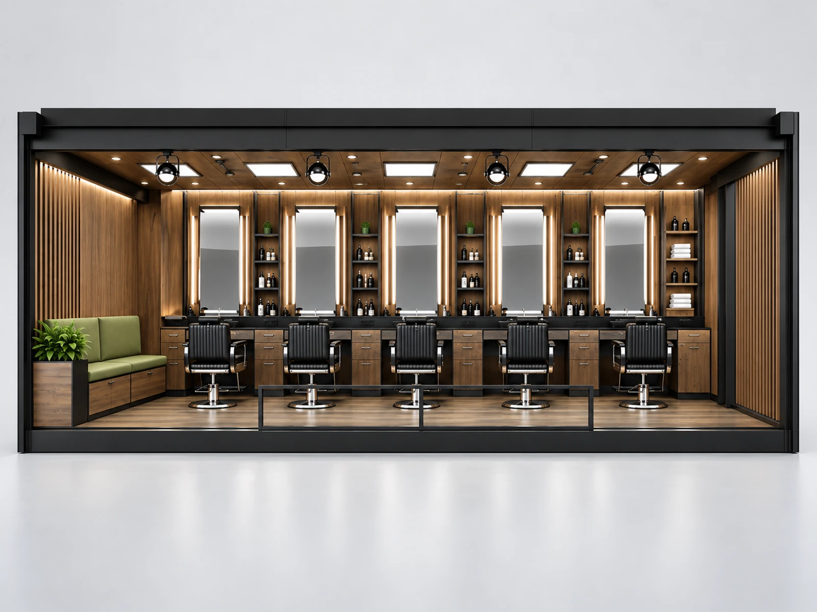 Open Barber Booth with Customer Waiting Bench customer-facing service and display detail