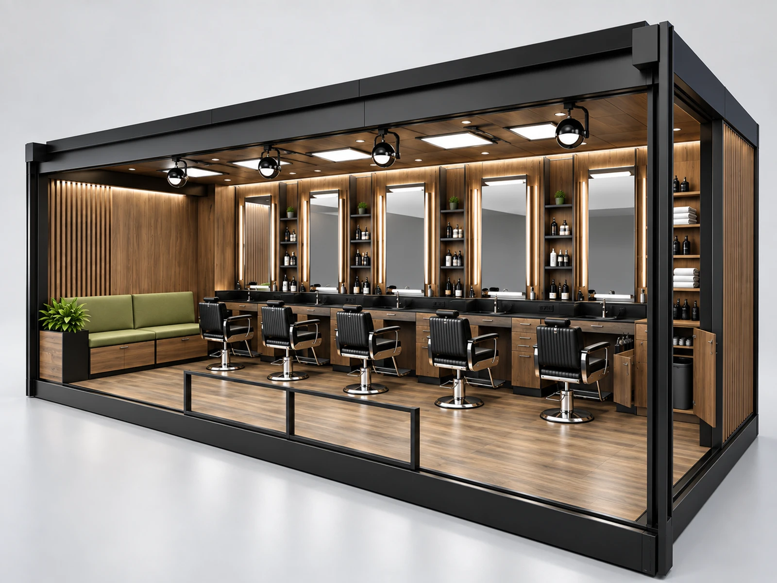 Open Barber Booth with Customer Waiting Bench staff-side equipment, utilities, and storage view