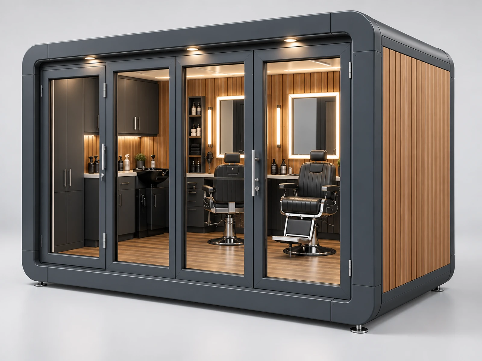 Outdoor Barber Pod with Weather-Protected Shell opposite angle showing the complete layout