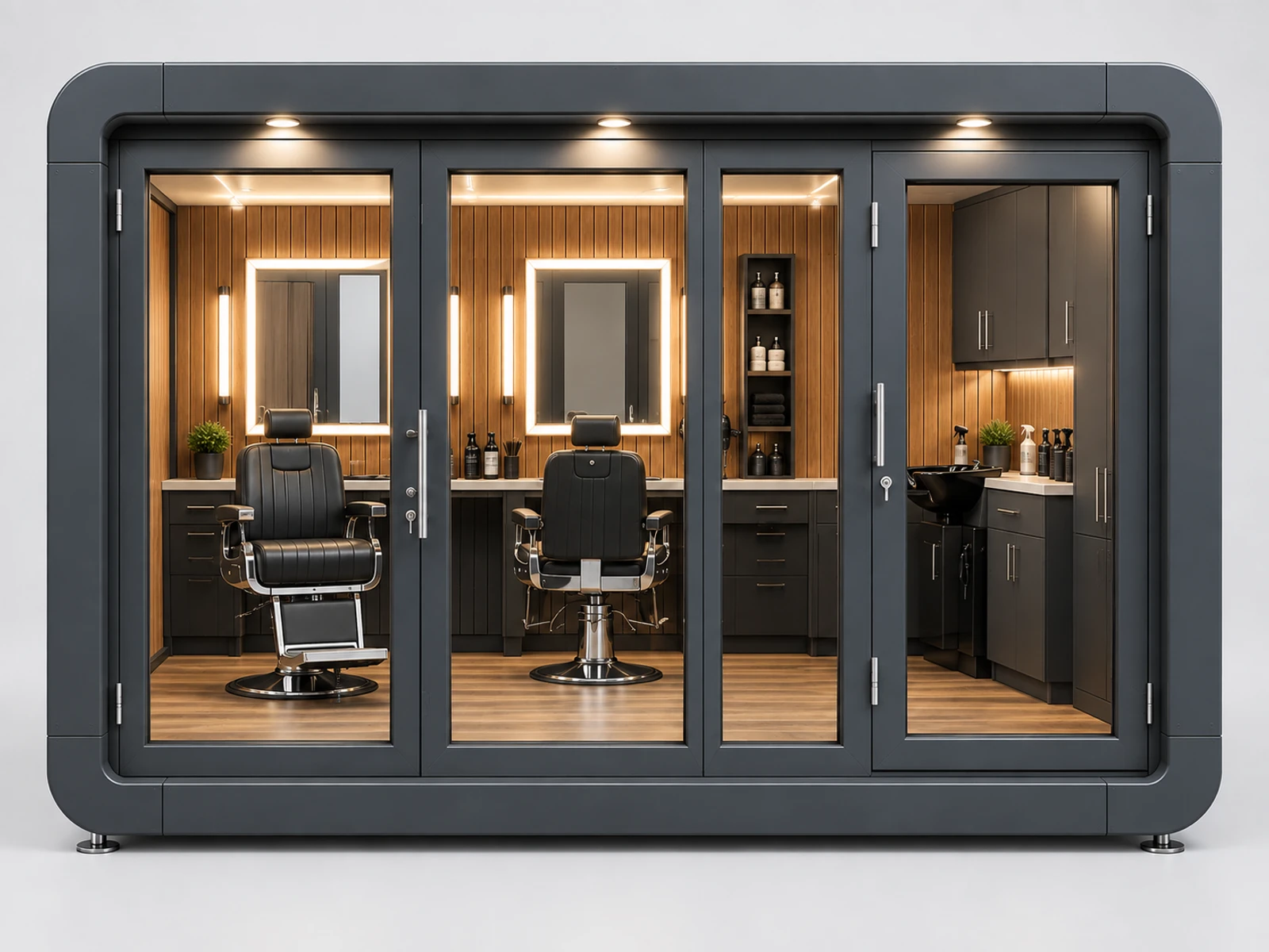 Outdoor Barber Pod with Weather-Protected Shell customer-facing service and display detail