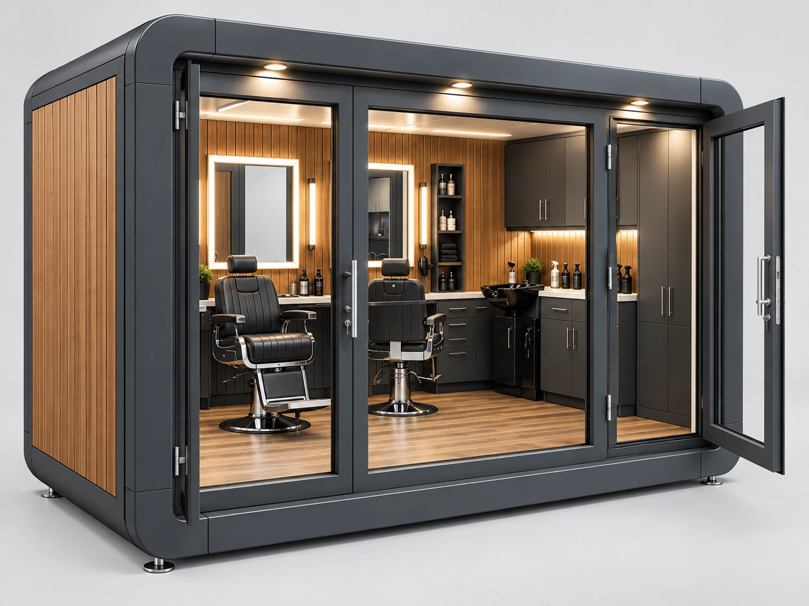 Outdoor Barber Pod with Weather-Protected Shell staff-side equipment, utilities, and storage view
