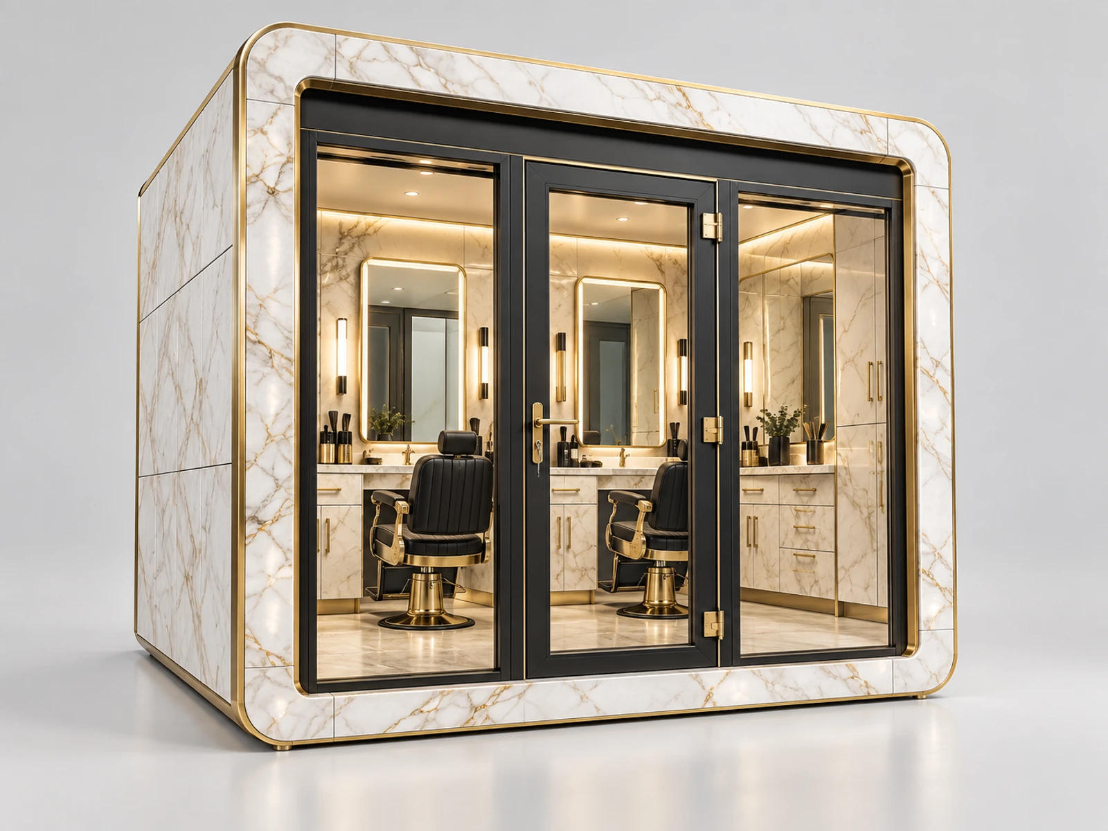 Premium Marble Barber Booth with Brass Trim main three-quarter product view