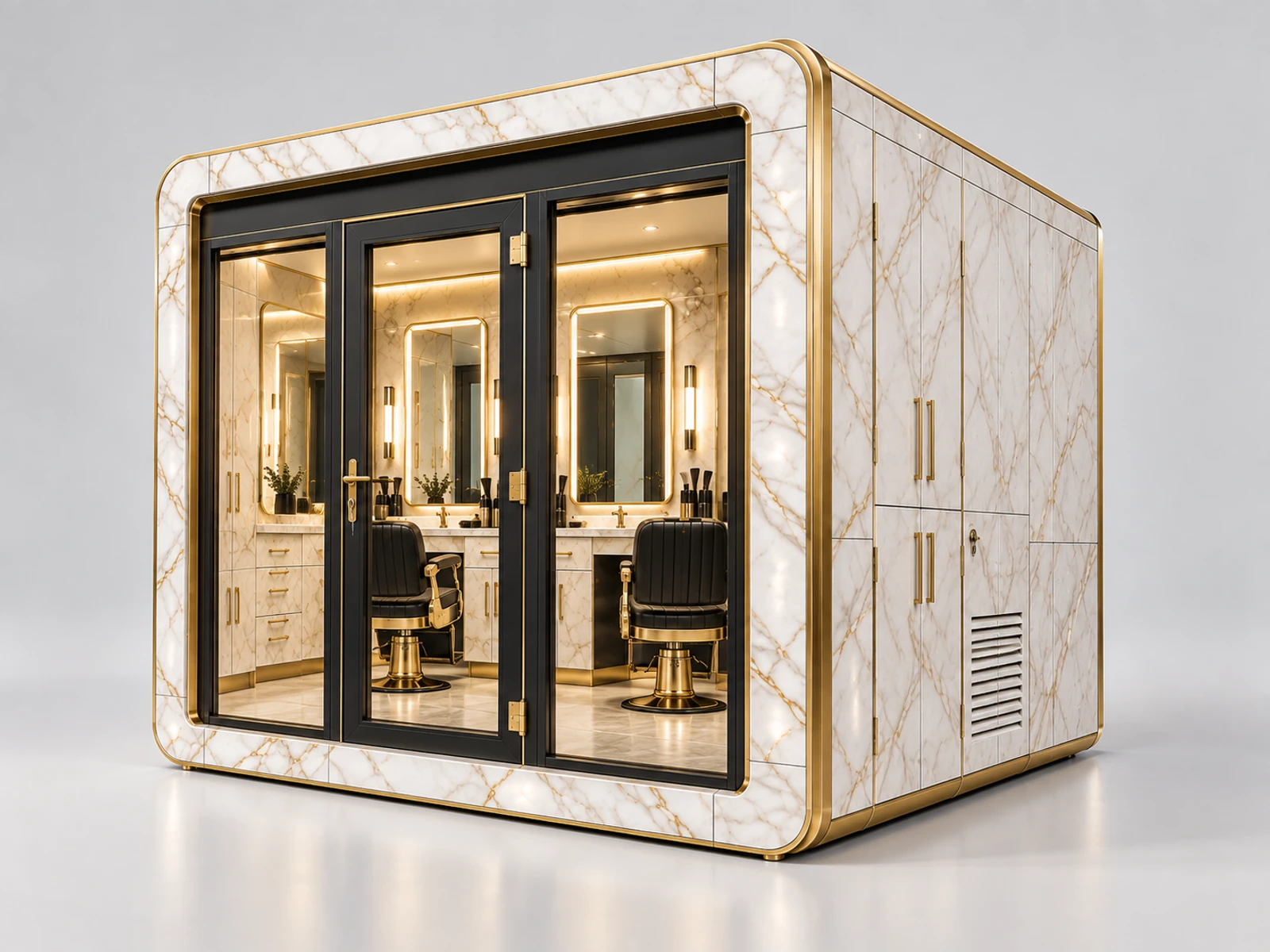 Premium Marble Barber Booth with Brass Trim opposite angle showing the complete layout