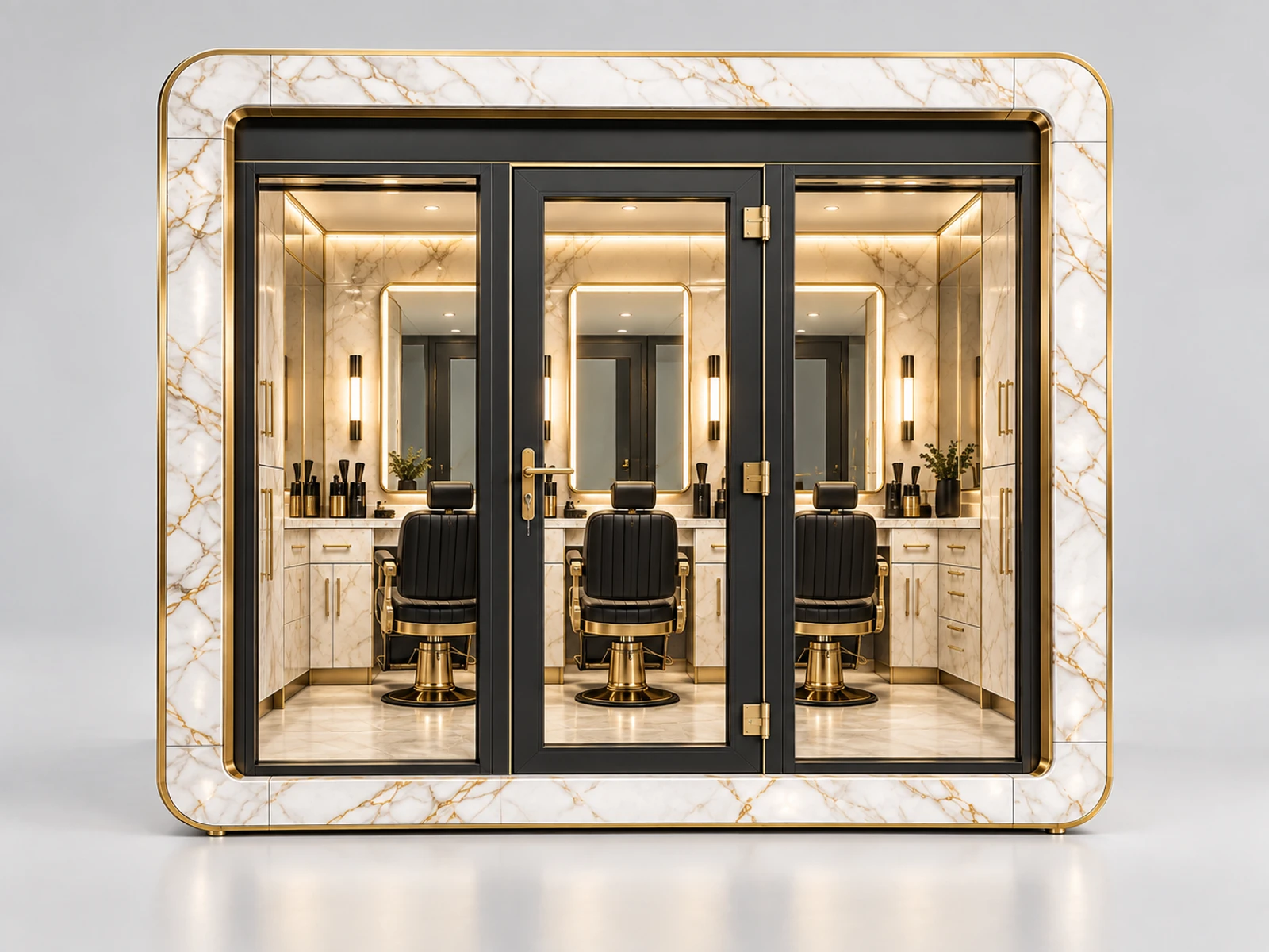 Premium Marble Barber Booth with Brass Trim customer-facing service and display detail