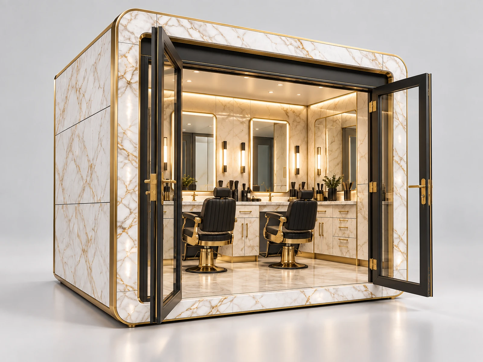 Premium Marble Barber Booth with Brass Trim staff-side equipment, utilities, and storage view