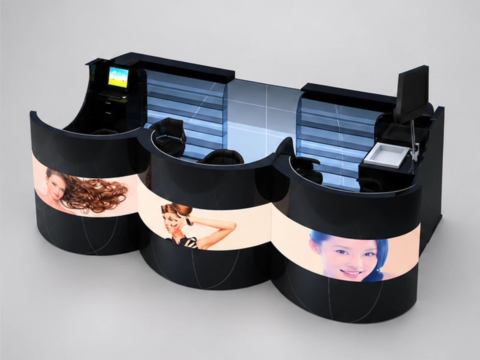 Special Style Barber Kiosk Mall Hair Cutting Kiosk For Sale opposite angle and overall footprint