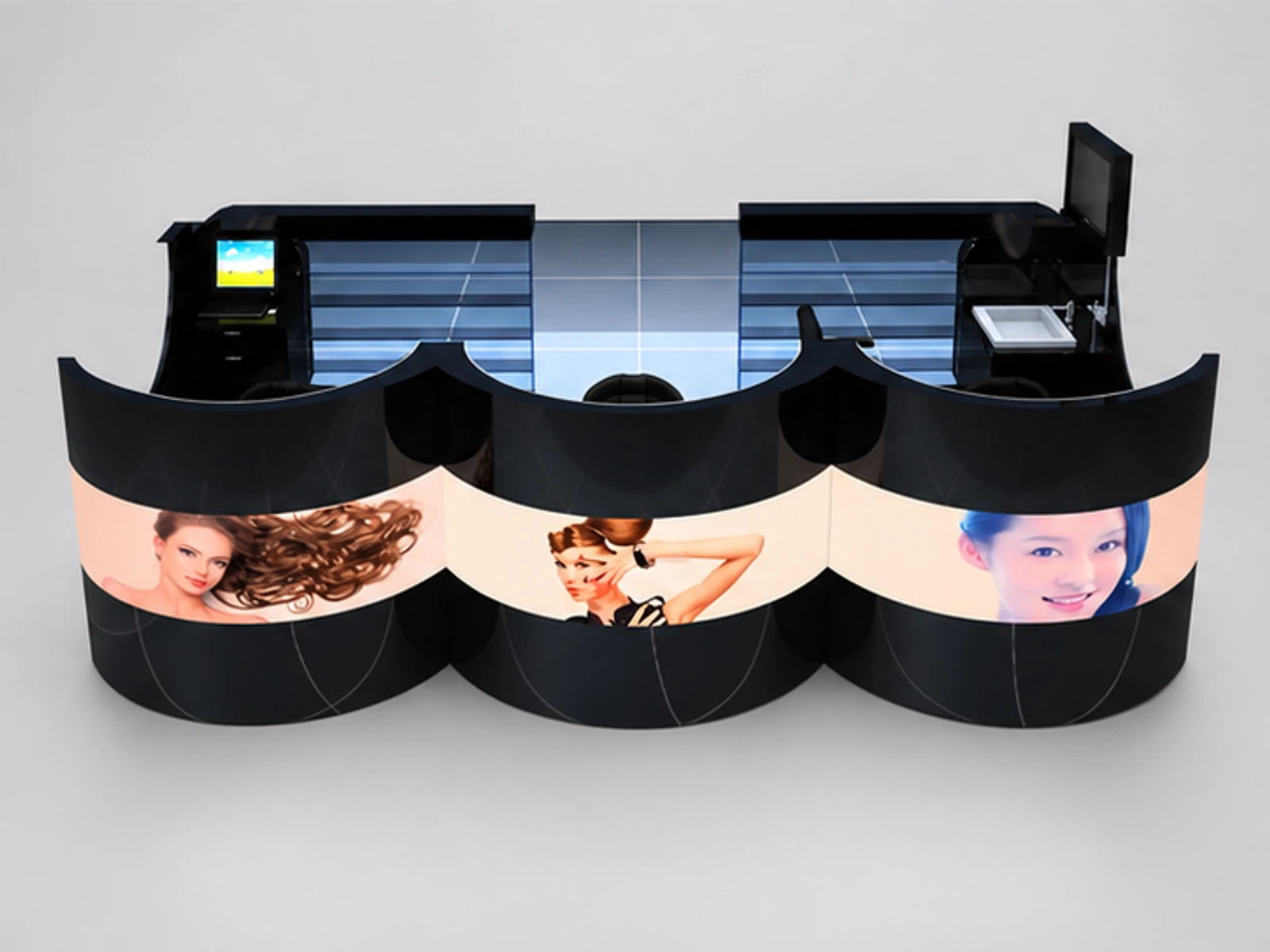 Special Style Barber Kiosk Mall Hair Cutting Kiosk For Sale customer-facing service and display view