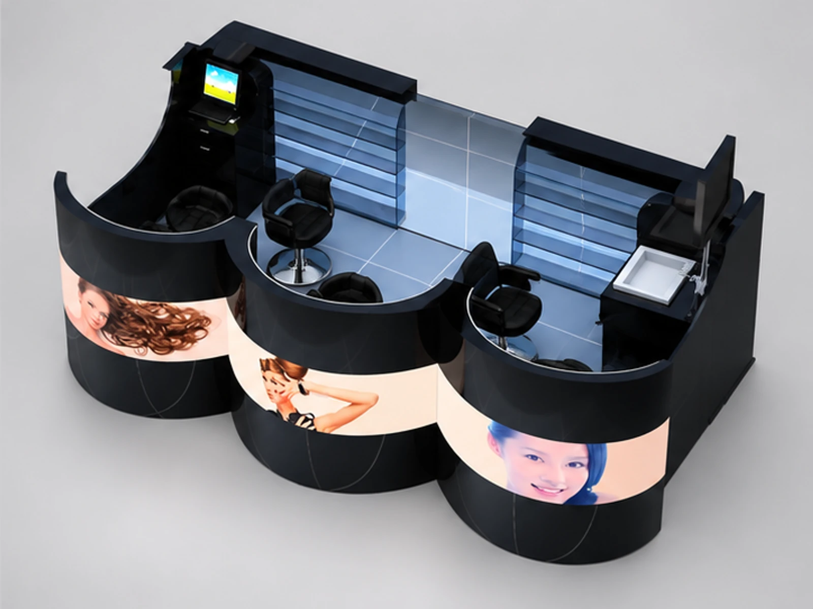 Special Style Barber Kiosk Mall Hair Cutting Kiosk For Sale staff-side equipment and storage view
