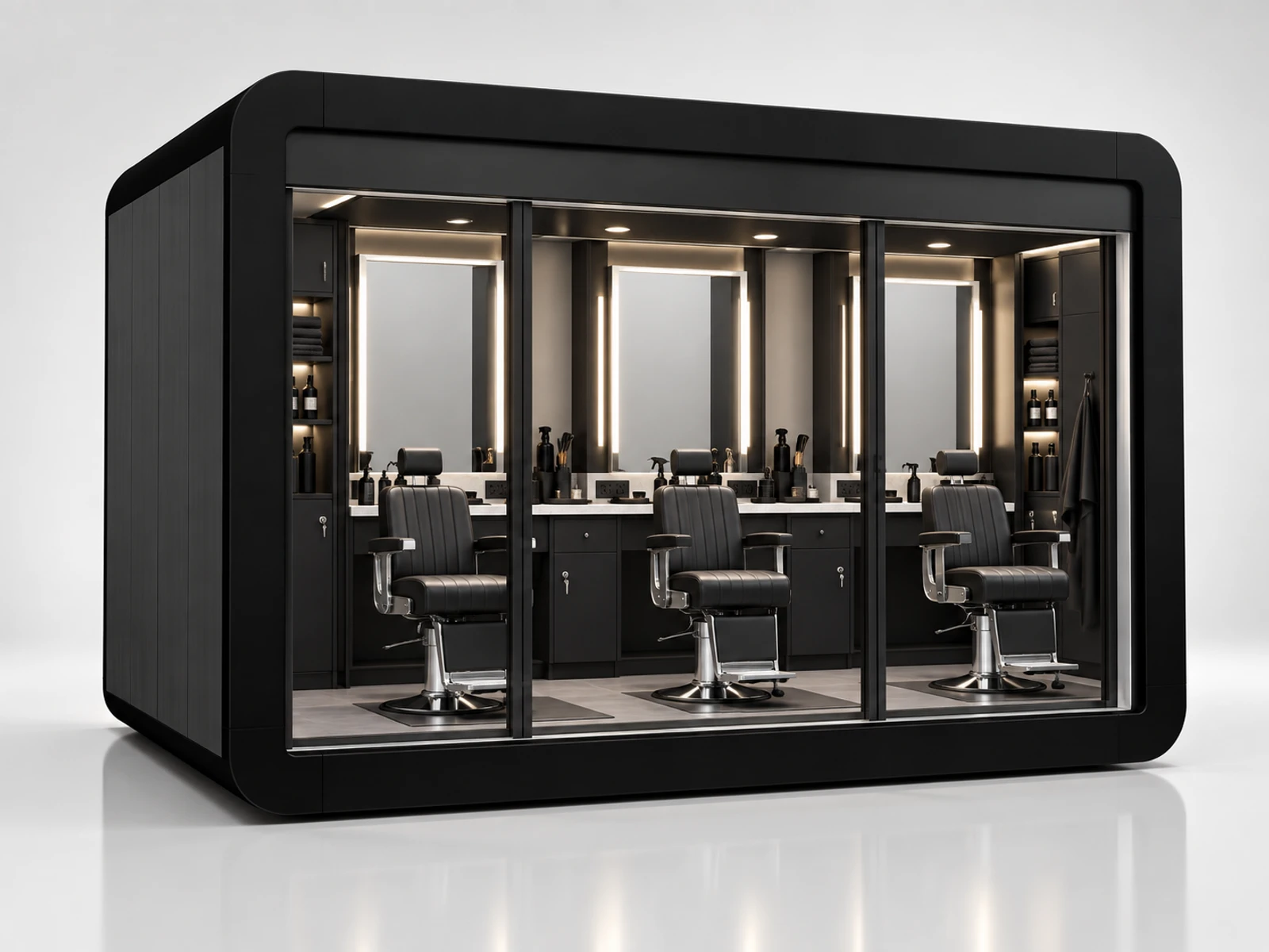 Three-Station Barber Kiosk with Shared Tool Counter main three-quarter product view