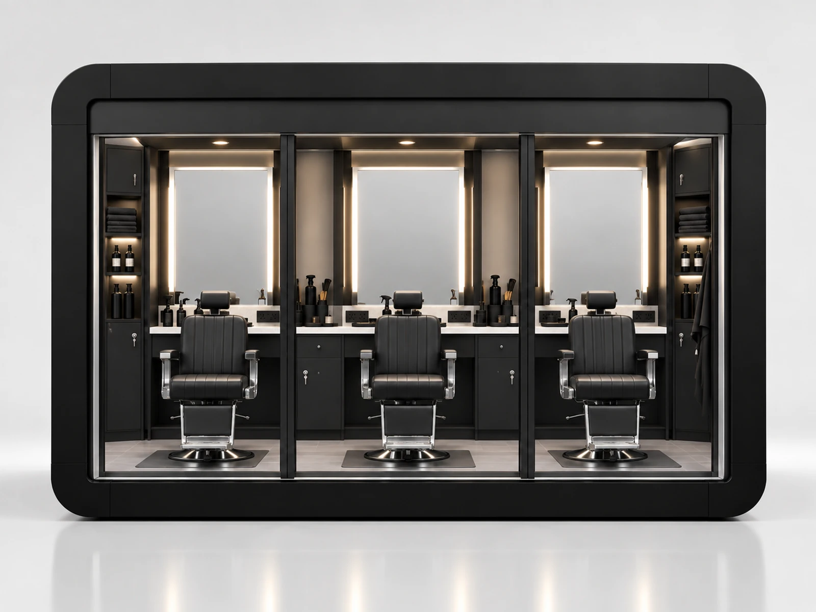 Three-Station Barber Kiosk with Shared Tool Counter customer-facing service and display detail