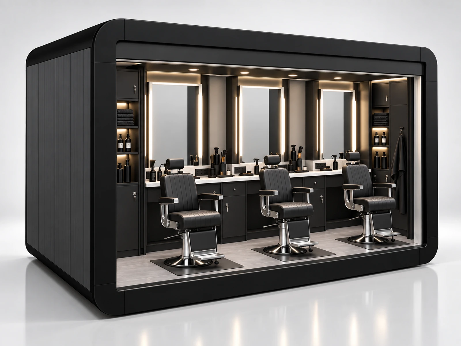 Three-Station Barber Kiosk with Shared Tool Counter staff-side equipment, utilities, and storage view
