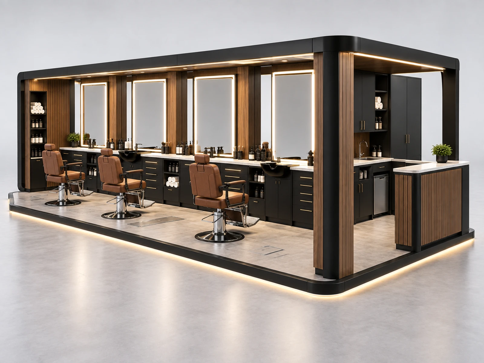 Turnkey Mall Barber Kiosk with Utilities and Chair Planning opposite angle showing the complete layout