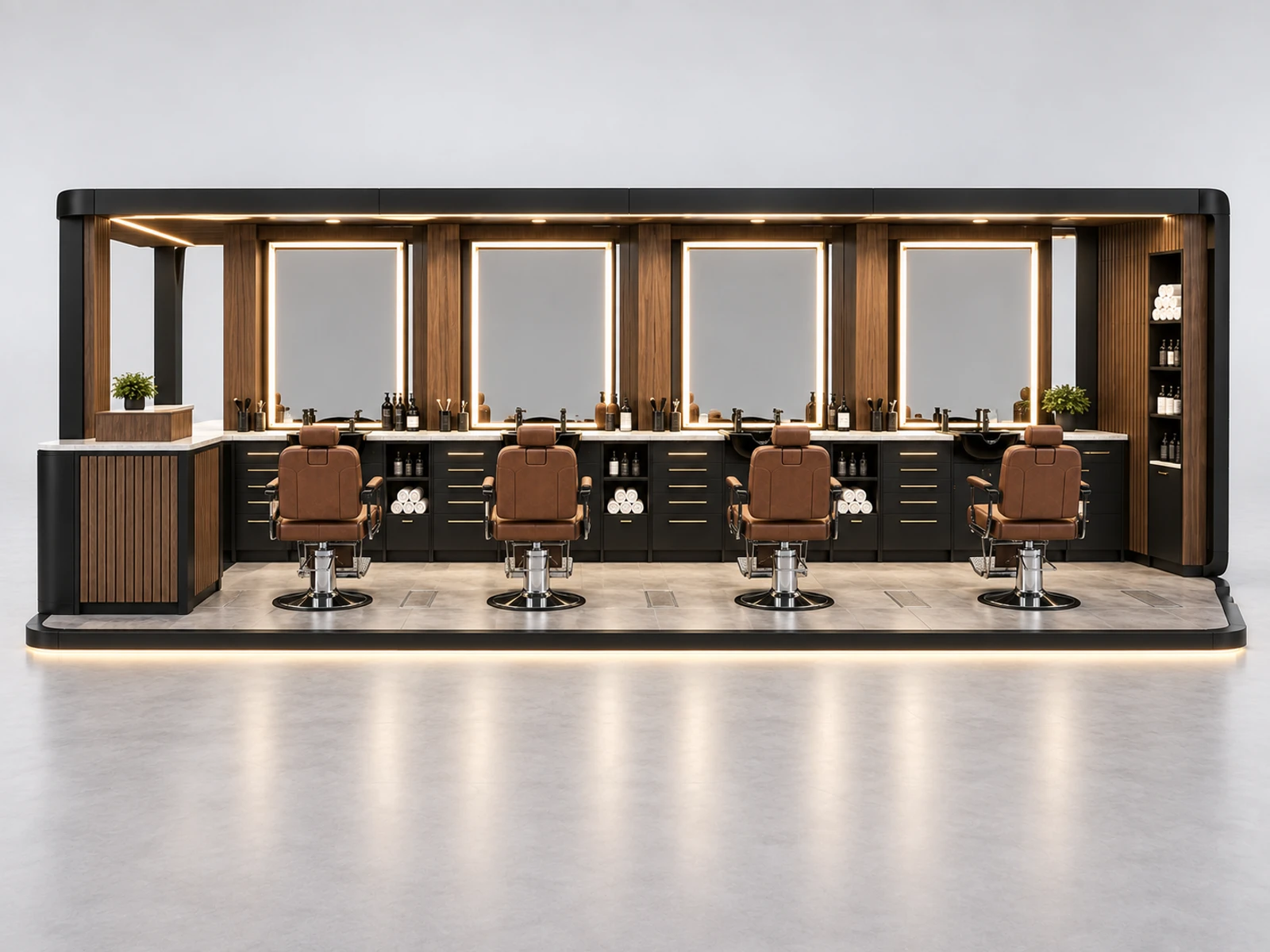 Turnkey Mall Barber Kiosk with Utilities and Chair Planning customer-facing service and display detail