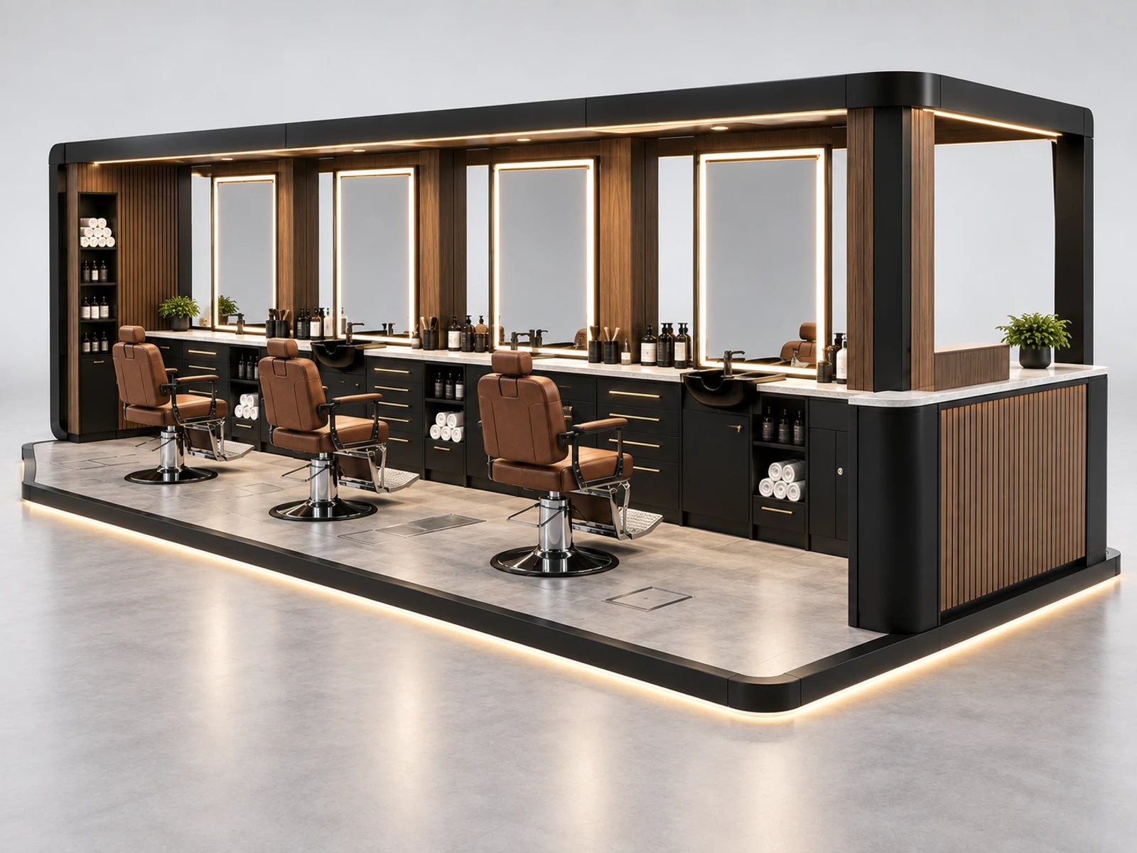 Turnkey Mall Barber Kiosk with Utilities and Chair Planning staff-side equipment, utilities, and storage view