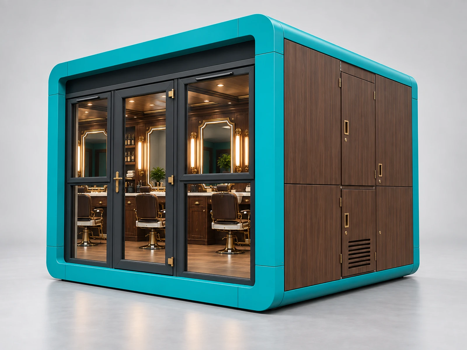 Vintage Barber Kiosk with Classic Mirror Frames opposite angle showing the complete layout