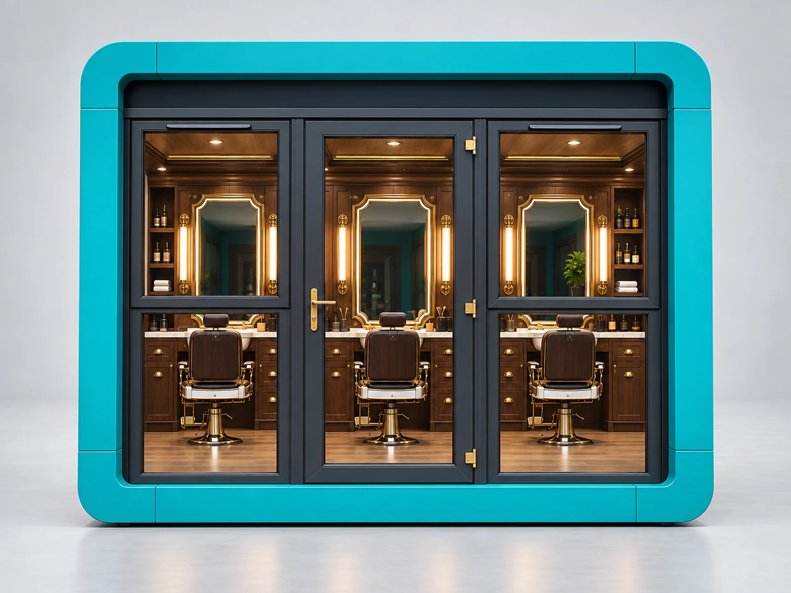 Vintage Barber Kiosk with Classic Mirror Frames customer-facing service and display detail