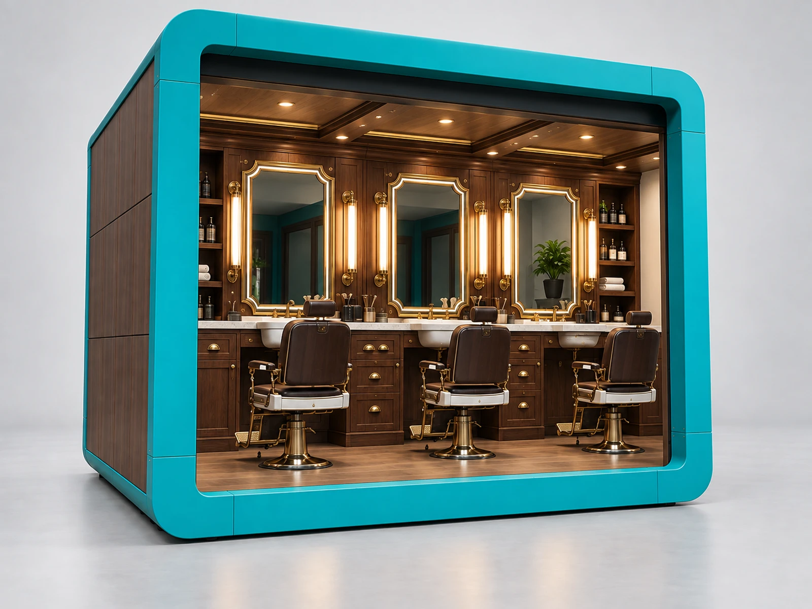 Vintage Barber Kiosk with Classic Mirror Frames staff-side equipment, utilities, and storage view