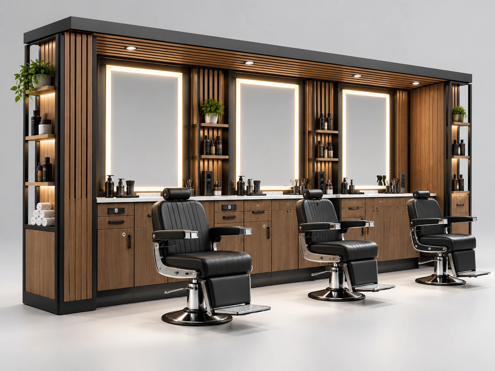 Wood Barber Kiosk with Warm Mirror Lighting main three-quarter product view
