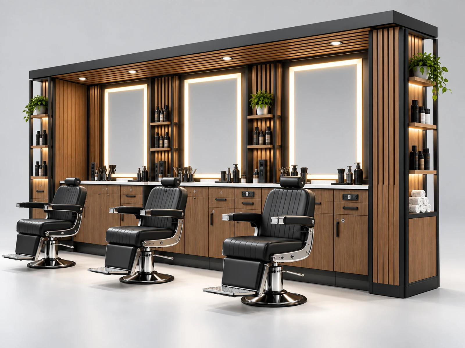 Wood Barber Kiosk with Warm Mirror Lighting opposite angle showing the complete layout