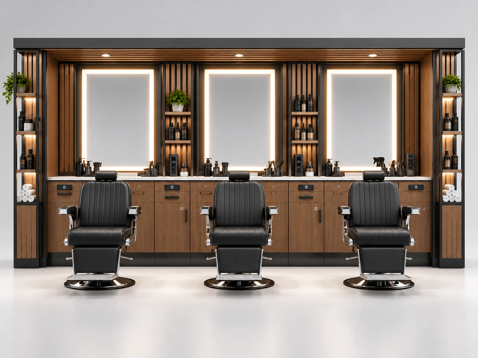 Wood Barber Kiosk with Warm Mirror Lighting customer-facing service and display detail