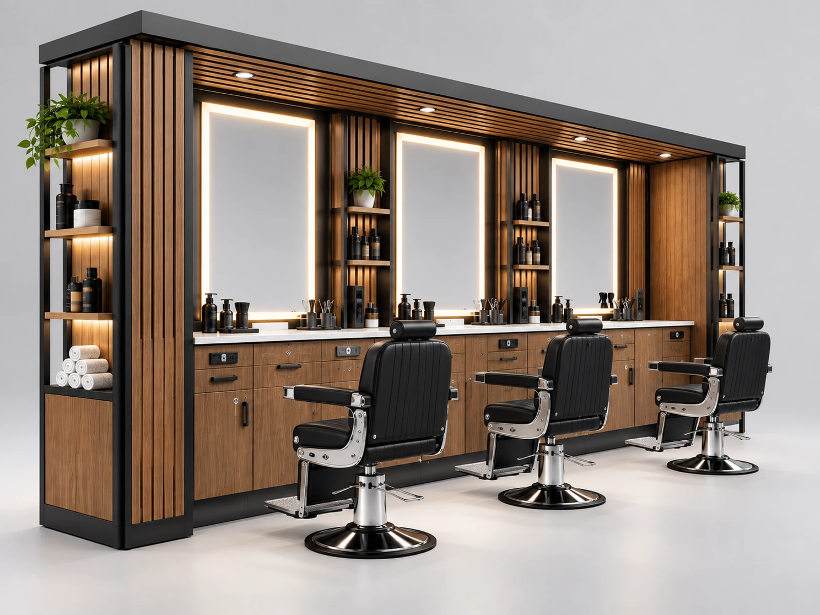 Wood Barber Kiosk with Warm Mirror Lighting staff-side equipment, utilities, and storage view