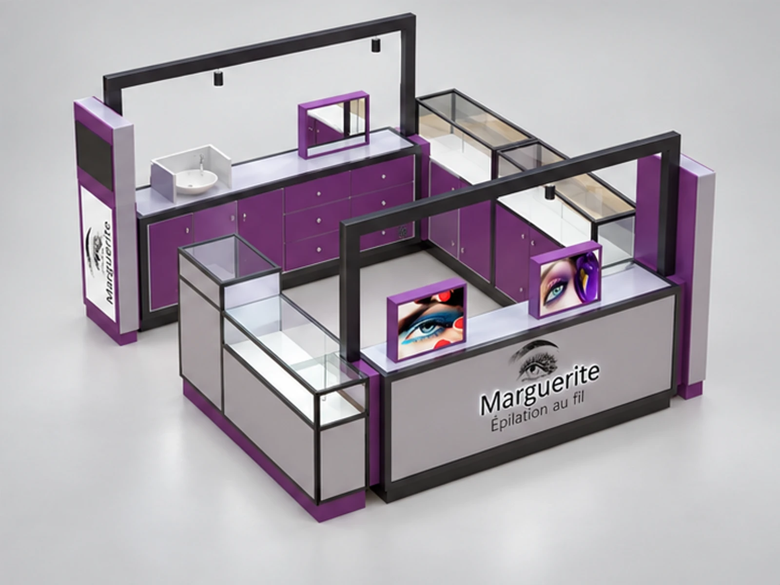 Canada Eyebrow Threading Shopping Mall Kiosk Elegant Kiosk Design staff-side equipment and storage view