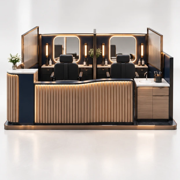 Compact Mall Brow Threading Kiosk with Privacy Screens customer-facing service and display view