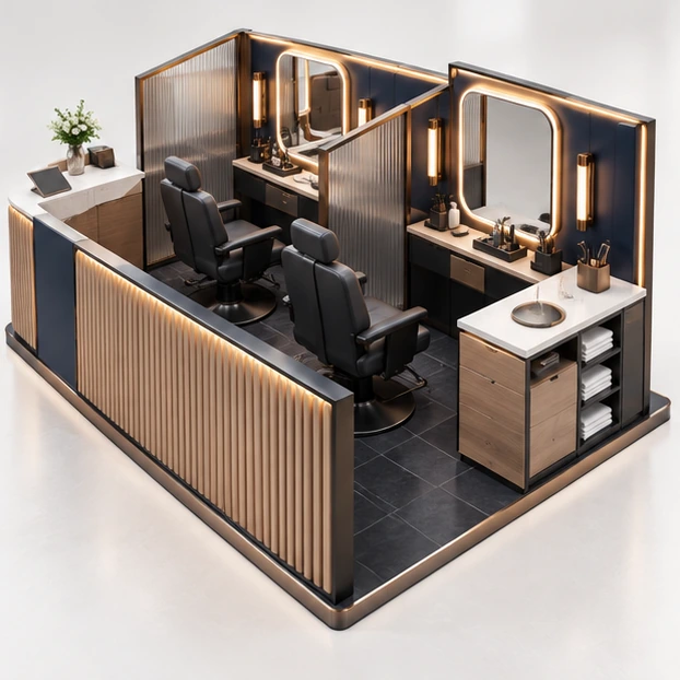Compact Mall Brow Threading Kiosk with Privacy Screens operator-side equipment, access, and storage view