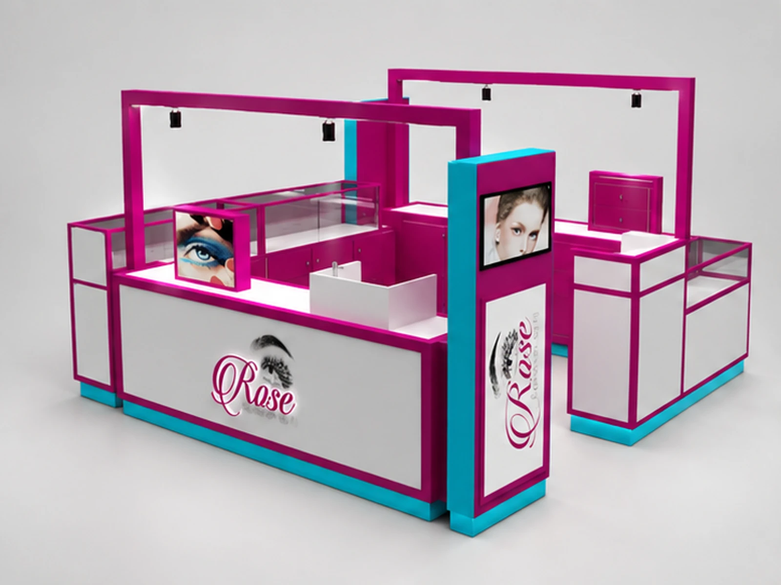 Elegant brow bar kiosk design beauty salon booth used in shopping center main three-quarter view