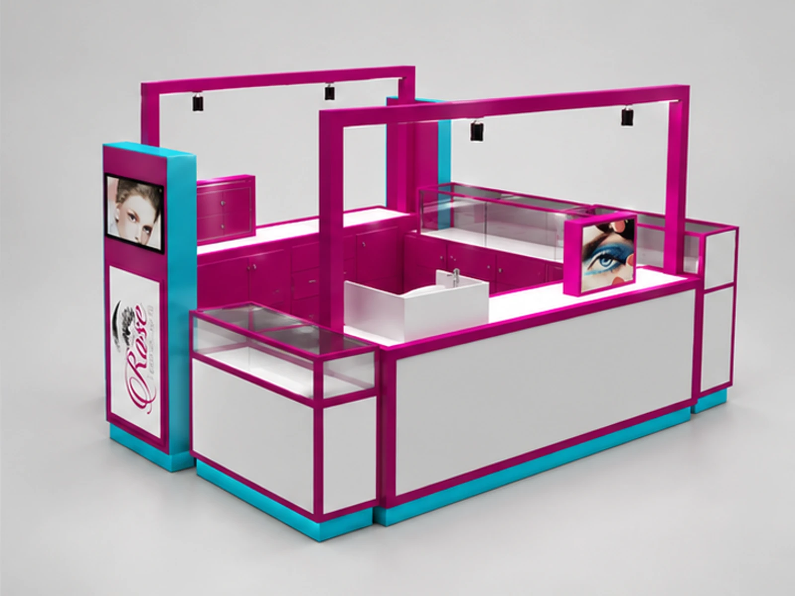 Elegant brow bar kiosk design beauty salon booth used in shopping center opposite angle and overall footprint