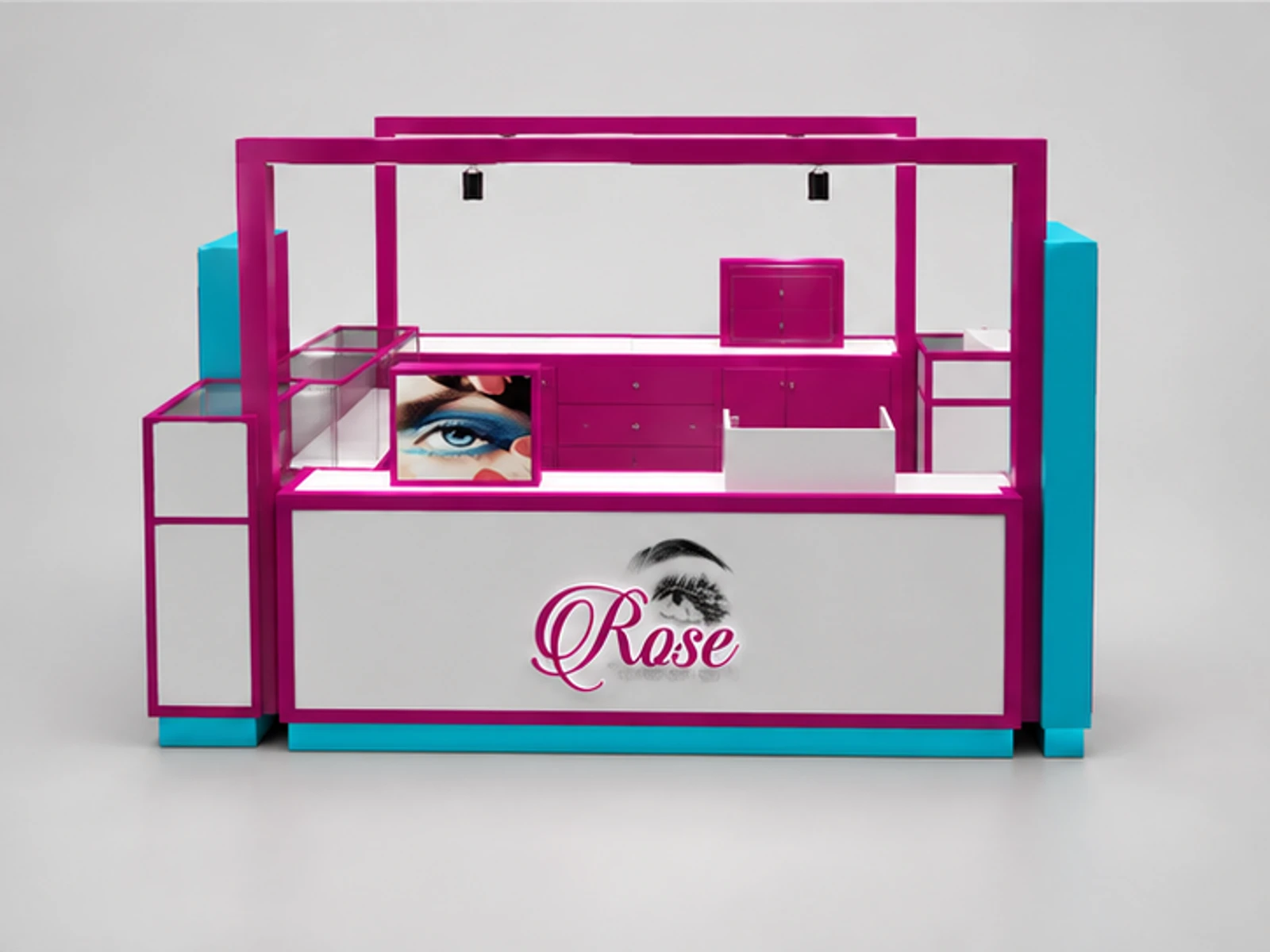 Elegant brow bar kiosk design beauty salon booth used in shopping center customer-facing service and display view