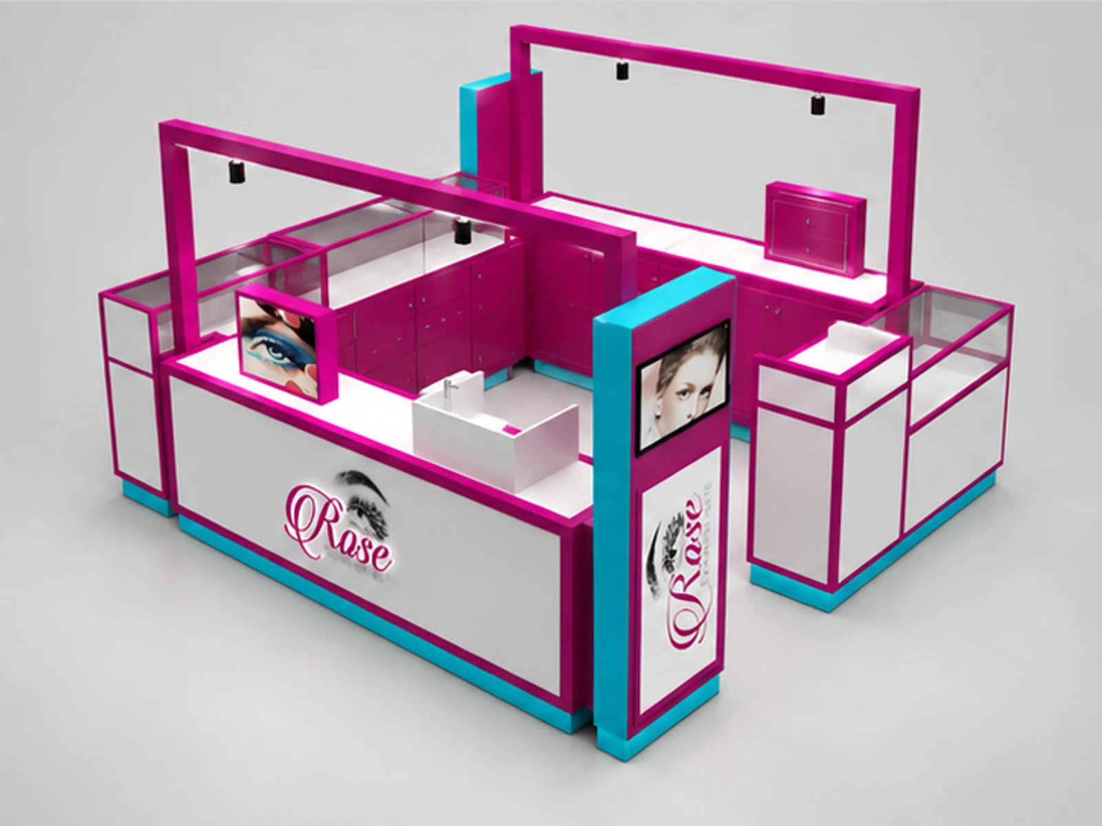 Elegant brow bar kiosk design beauty salon booth used in shopping center staff-side equipment and storage view
