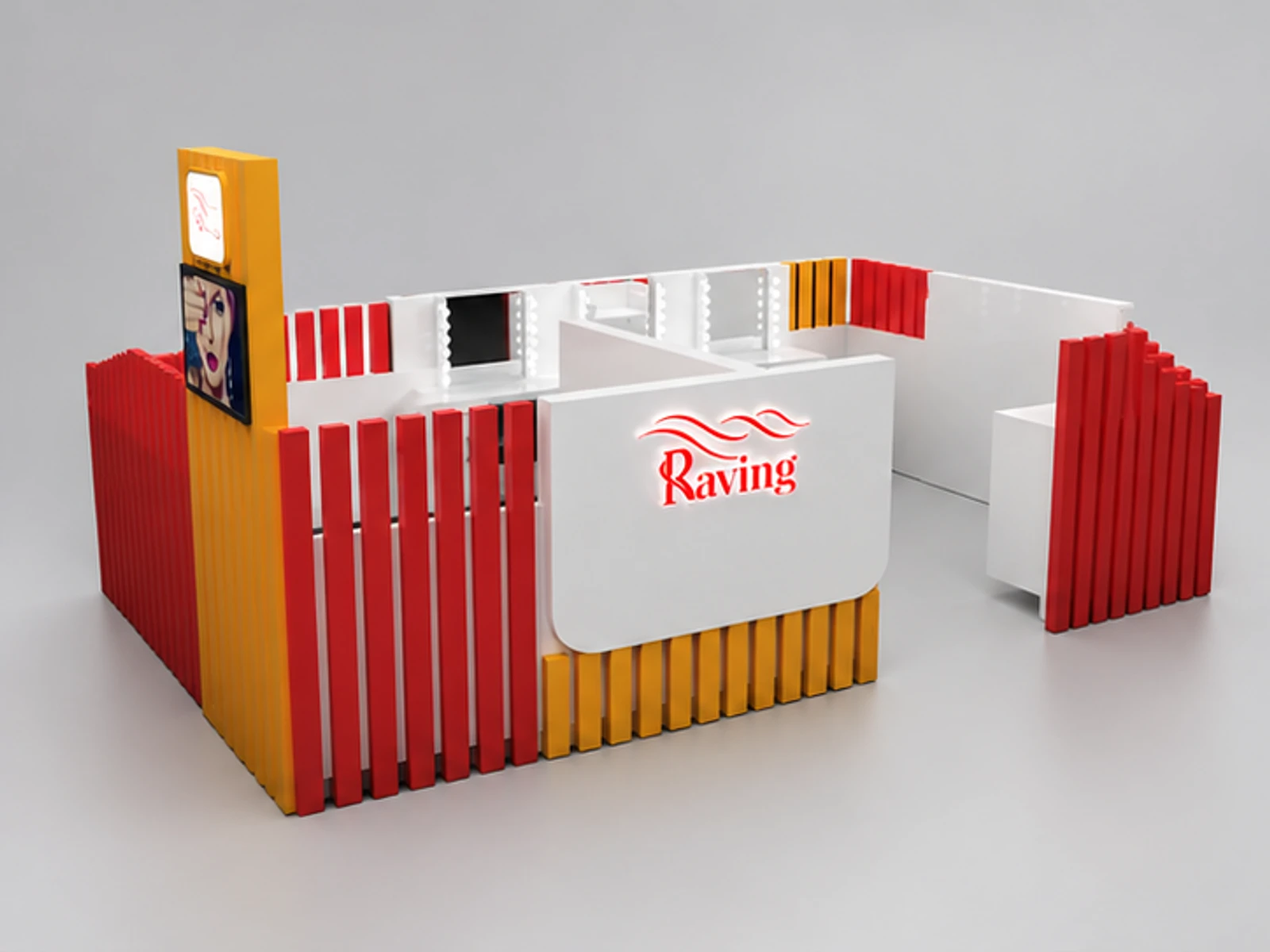 Elegant Wooden Strip 3D Design Of Eyebrow Shopping Mall kiosk main three-quarter view