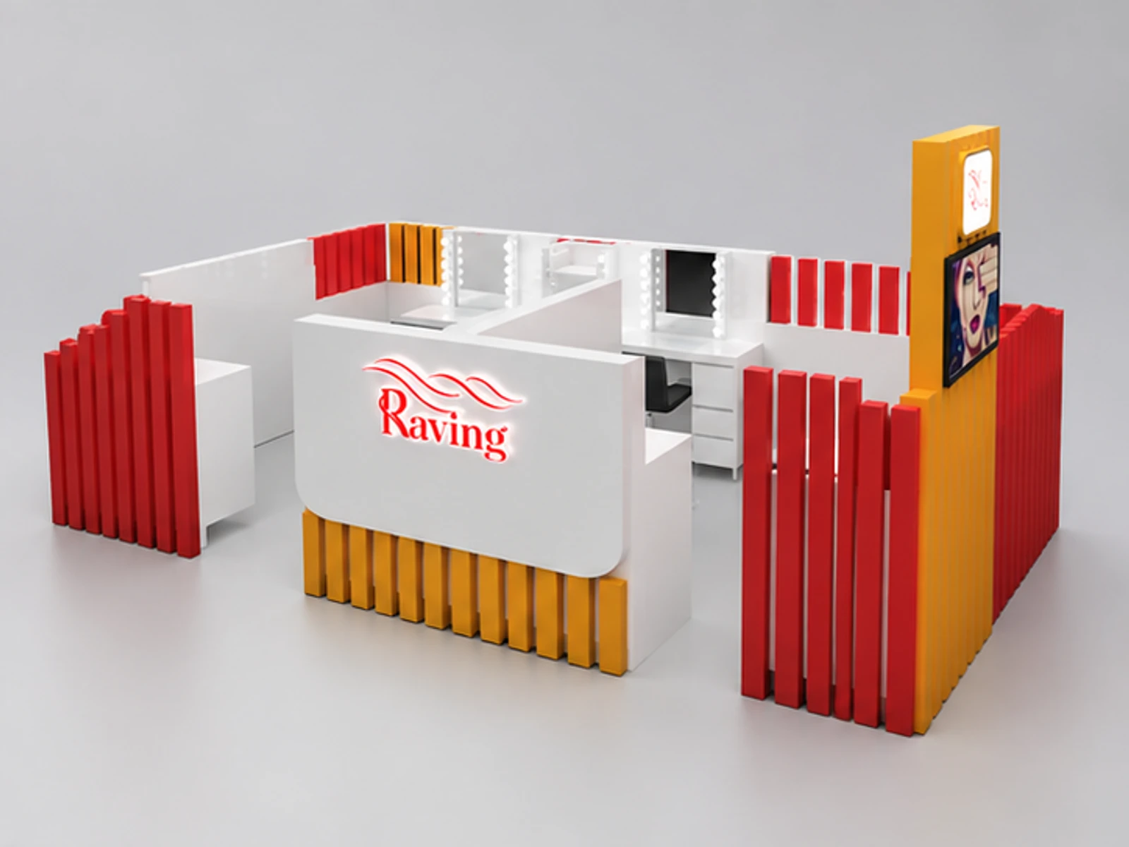 Elegant Wooden Strip 3D Design Of Eyebrow Shopping Mall kiosk opposite angle and overall footprint