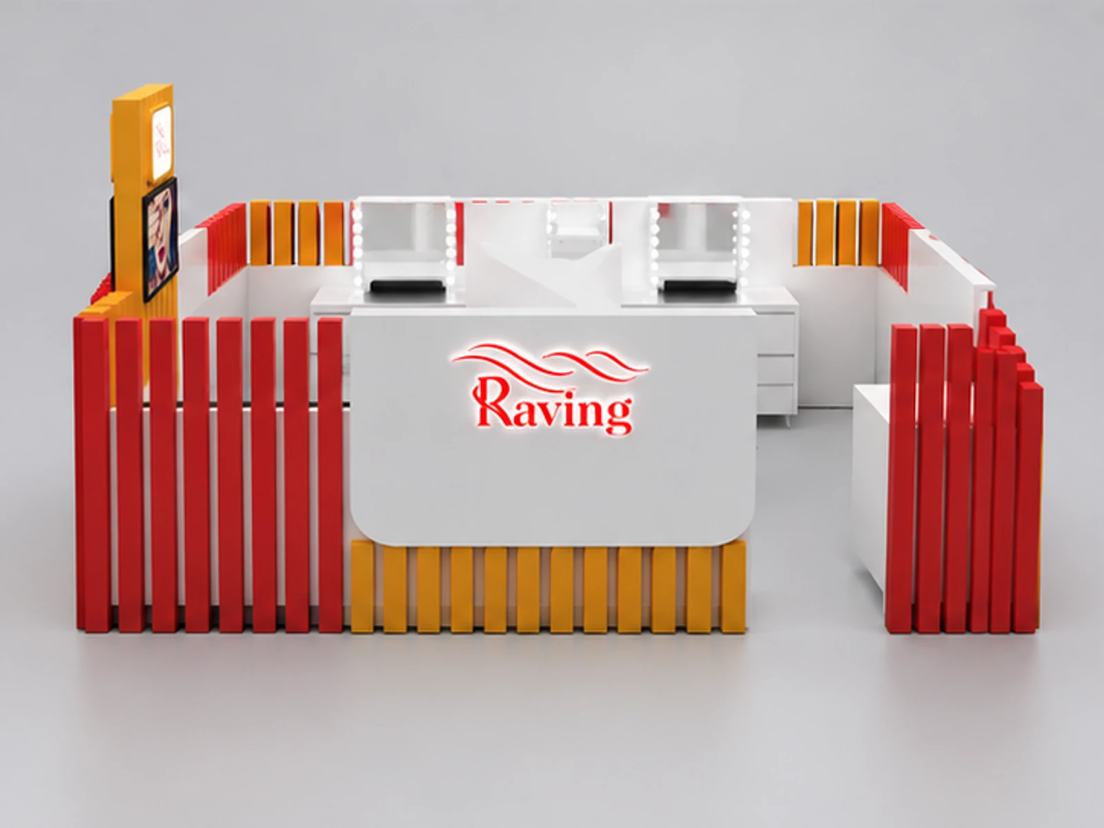 Elegant Wooden Strip 3D Design Of Eyebrow Shopping Mall kiosk customer-facing service and display view